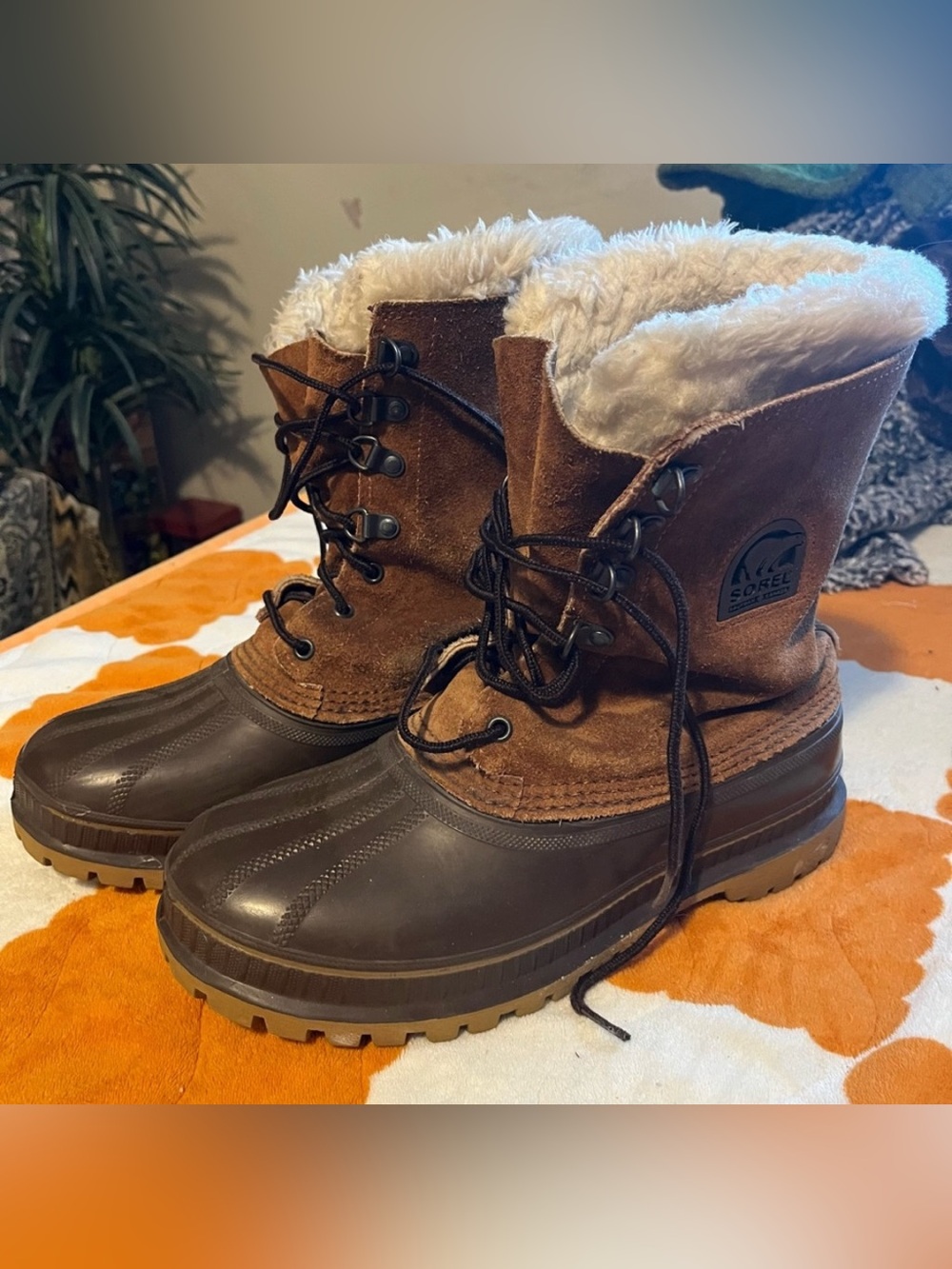 Vintage Sorel Kaufman Canada Suede Duck Boots Faux Fur Lined Brown